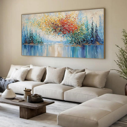 VIBRANT REFLECTIONS: Colorful Textured Impasto Forest and Lake Painting | green palette, original oil on stretched canvas art