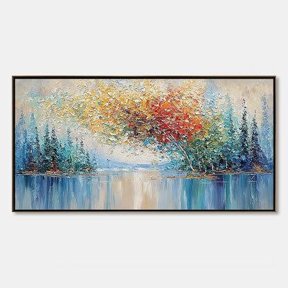 VIBRANT REFLECTIONS: Colorful Textured Impasto Forest and Lake Painting | hanging in living room, Figurative wall art
