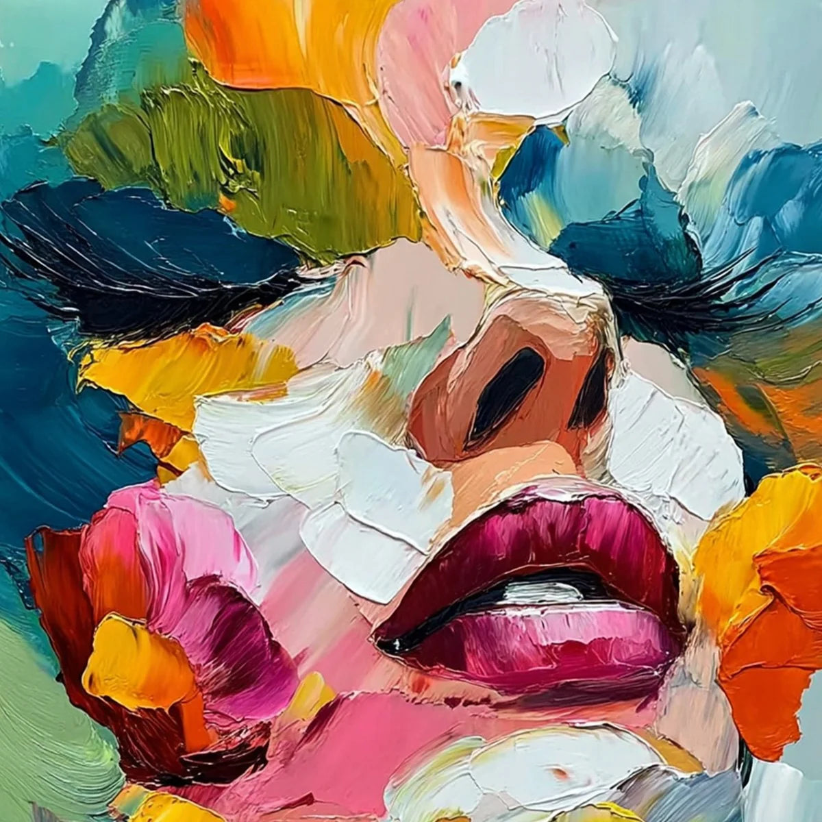 VIBRANT REPOSE: Colorful Abstract Portrait Impasto Oil Painting | rectangular format, hand-painted canvas edge
