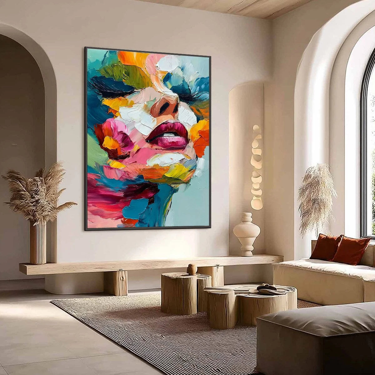 VIBRANT REPOSE: Colorful Abstract Portrait Impasto Oil Painting | gold frame stretched on neutral wall