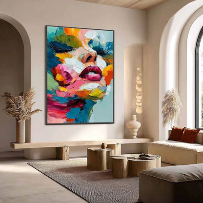 VIBRANT REPOSE: Colorful Abstract Portrait Impasto Oil Painting | gold frame stretched on neutral wall