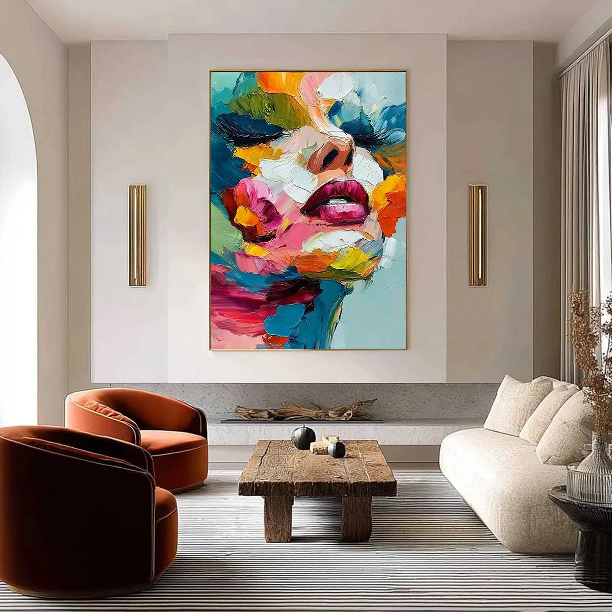 VIBRANT REPOSE: Colorful Abstract Portrait Impasto Oil Painting | black frame version on white wall