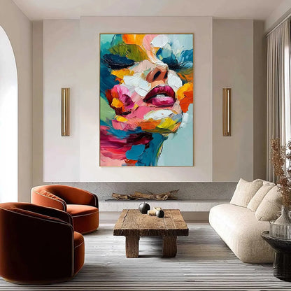 VIBRANT REPOSE: Colorful Abstract Portrait Impasto Oil Painting | black frame version on white wall