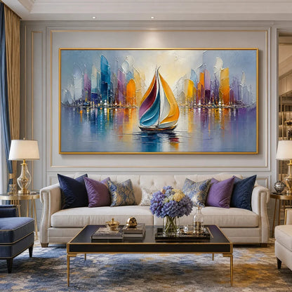 VIBRANT VOYAGE: Textured Abstract Cityscape Sailboat Painting | Abstract closeup, raised brushwork detail