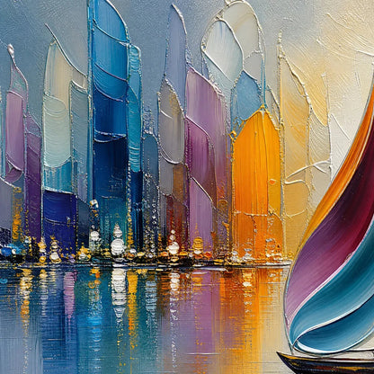 VIBRANT VOYAGE: Textured Abstract Cityscape Sailboat Painting | rectangular format, hand-painted canvas edge