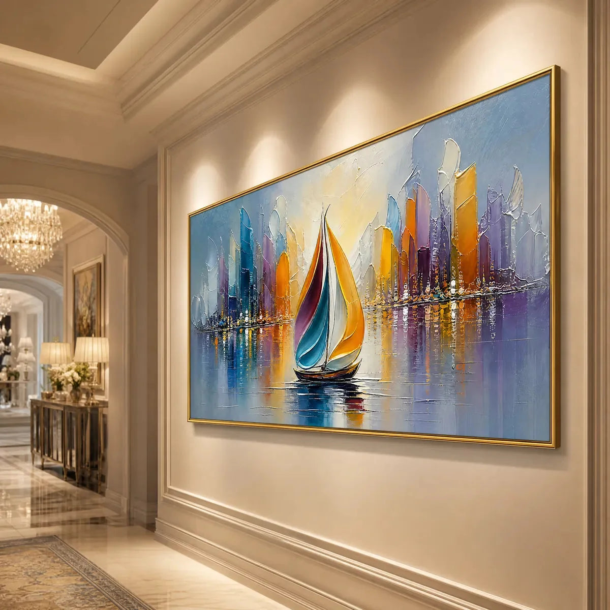 VIBRANT VOYAGE: Textured Abstract Cityscape Sailboat Painting | gold frame stretched on neutral wall