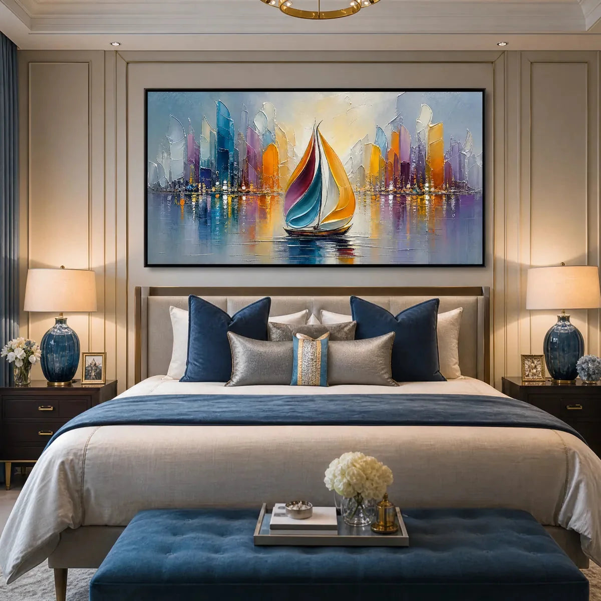 VIBRANT VOYAGE: Textured Abstract Cityscape Sailboat Painting | rolled canvas, ready for custom framing