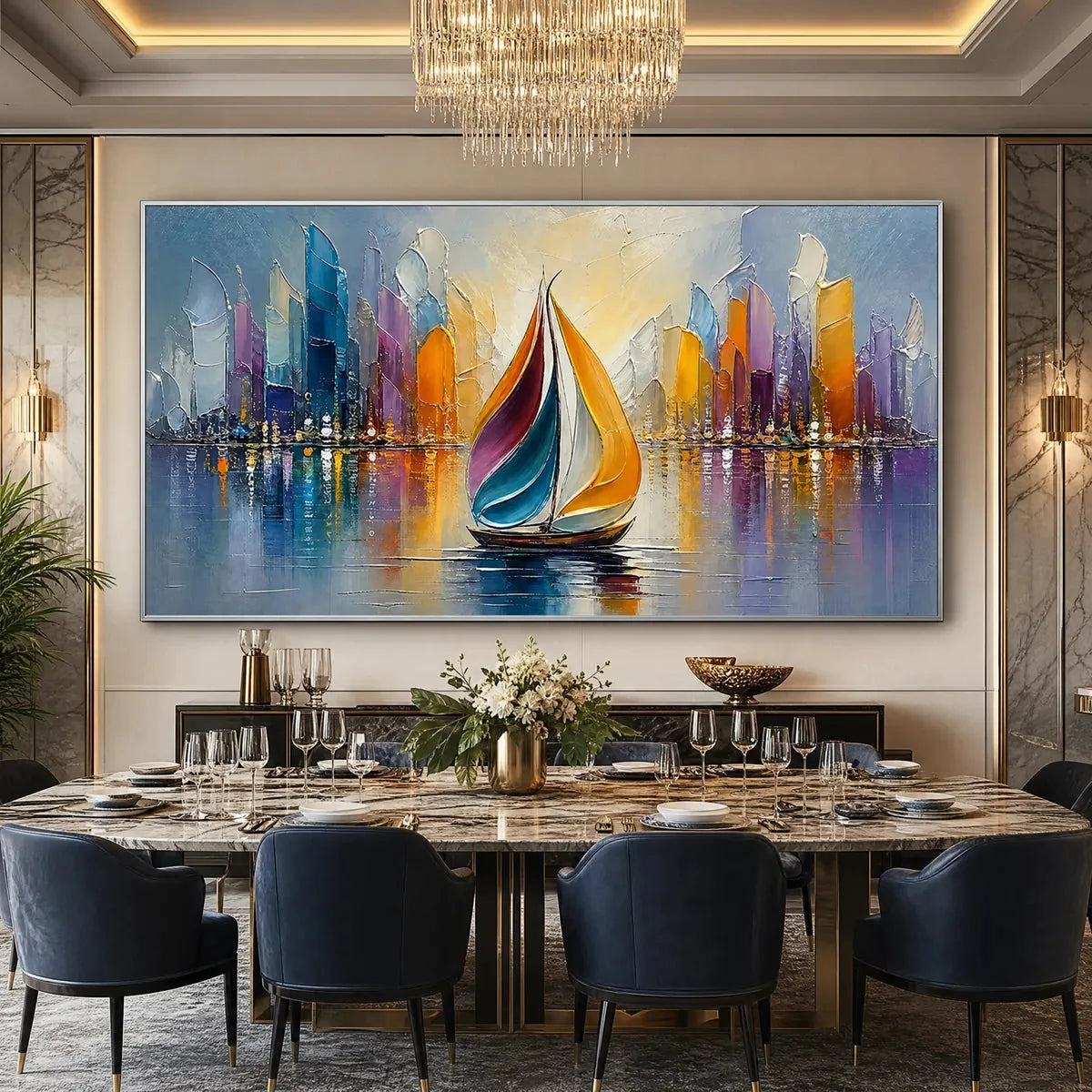 VIBRANT VOYAGE: Textured Abstract Cityscape Sailboat Painting | black frame version on white wall