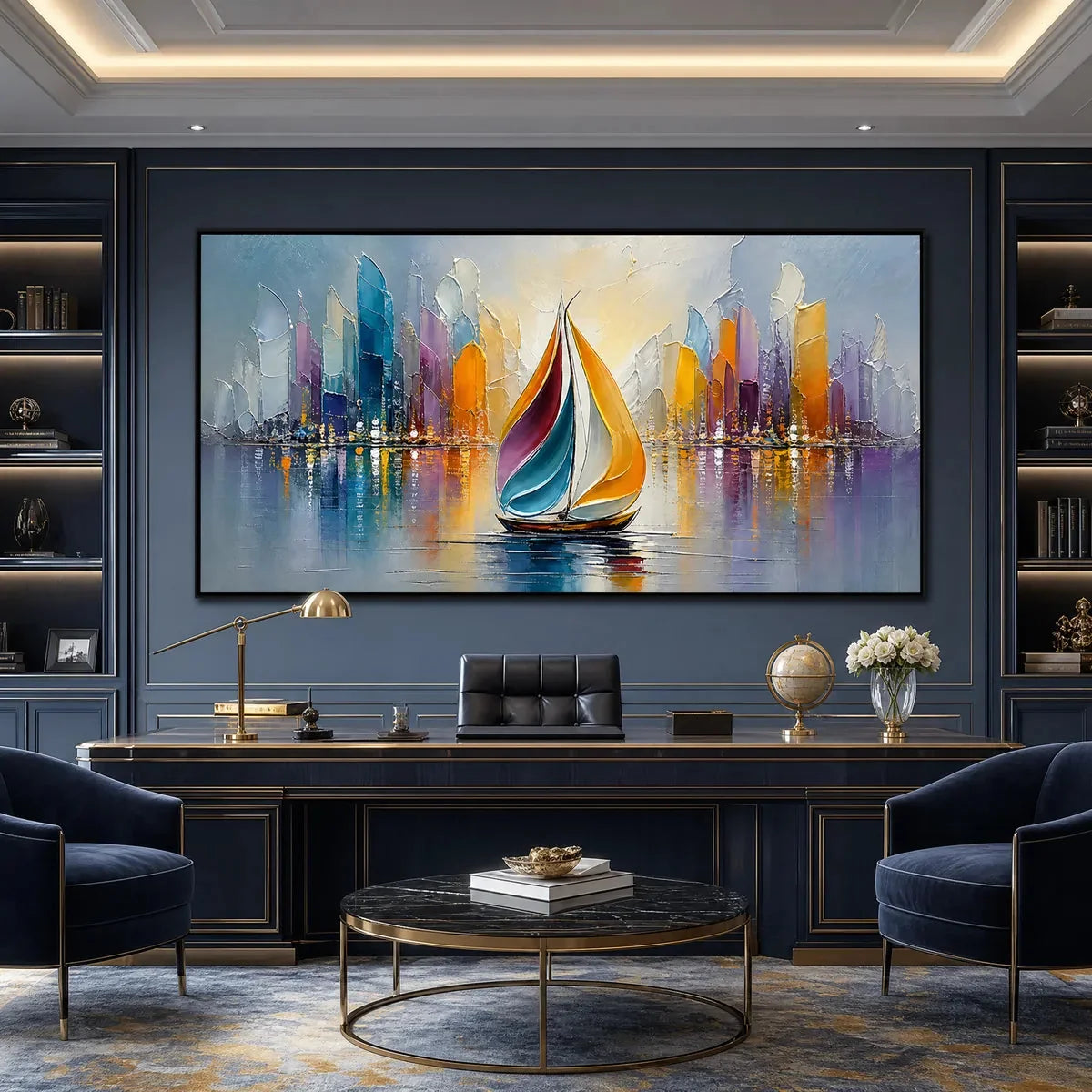 VIBRANT VOYAGE: Textured Abstract Cityscape Sailboat Painting | Abstract mood, soft natural light studio shot