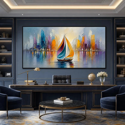 VIBRANT VOYAGE: Textured Abstract Cityscape Sailboat Painting | Abstract mood, soft natural light studio shot
