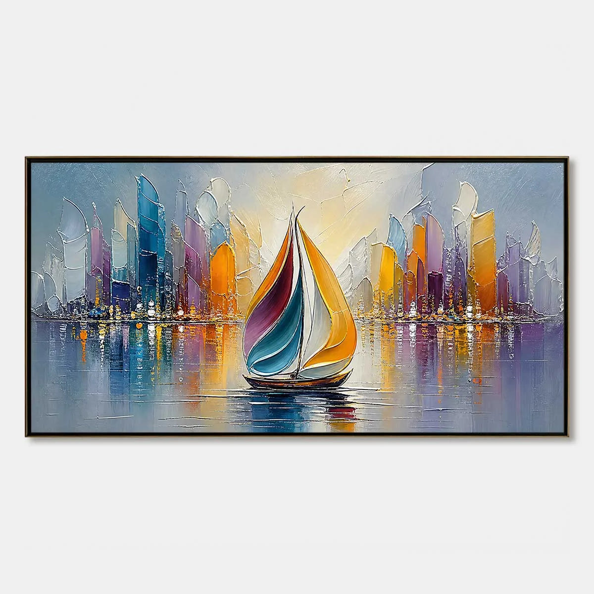 VIBRANT VOYAGE: Textured Abstract Cityscape Sailboat Painting | hanging in living room, Abstract wall art