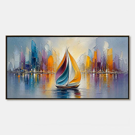VIBRANT VOYAGE: Textured Abstract Cityscape Sailboat Painting | hanging in living room, Abstract wall art
