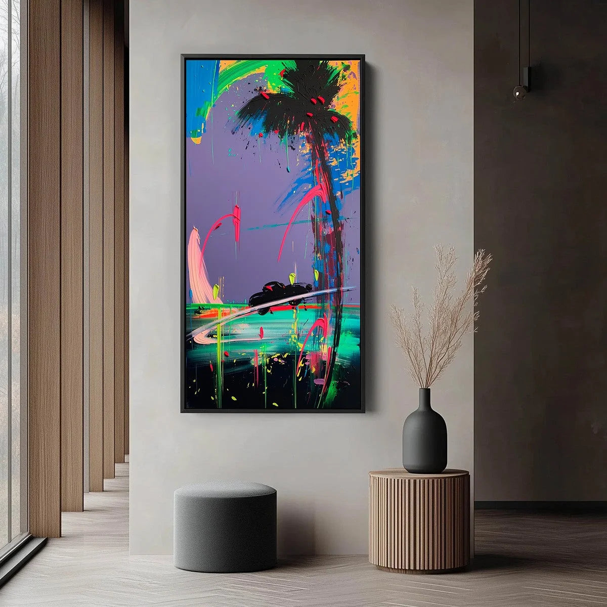 VICE CITY: Vibrant Abstract Impasto Painting of a Night Drive | gold frame stretched on neutral wall