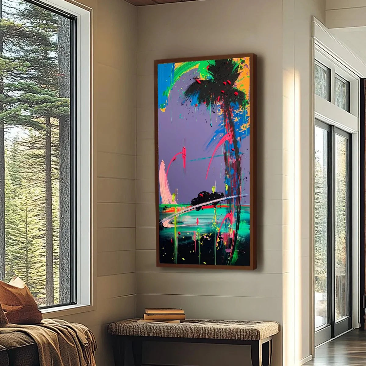 VICE CITY: Vibrant Abstract Impasto Painting of a Night Drive | black frame version on white wall