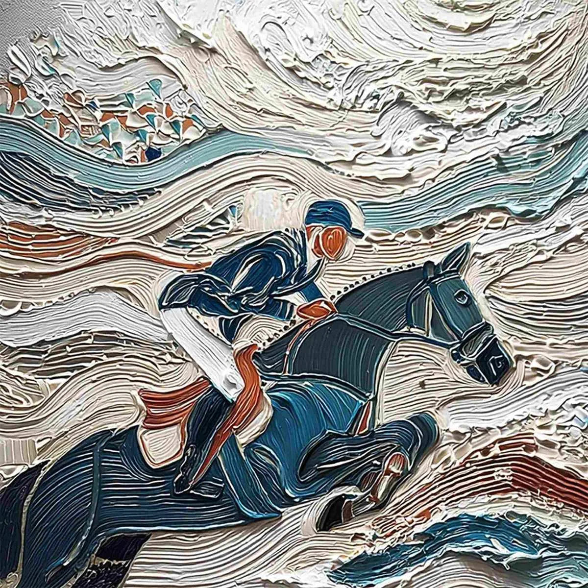 VICTORY'S EDGE: Heavily Textured Impasto Equestrian Sports Painting | rectangular format, hand-painted canvas edge