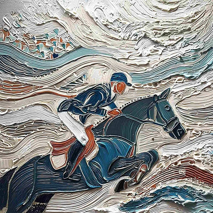 VICTORY'S EDGE: Heavily Textured Impasto Equestrian Sports Painting | rectangular format, hand-painted canvas edge