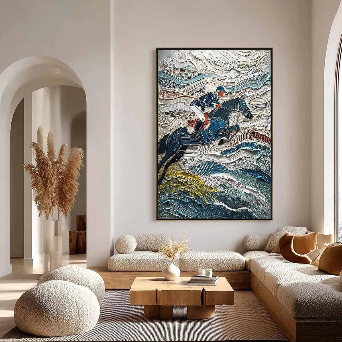 VICTORY'S EDGE: Heavily Textured Impasto Equestrian Sports Painting | gold frame stretched on neutral wall