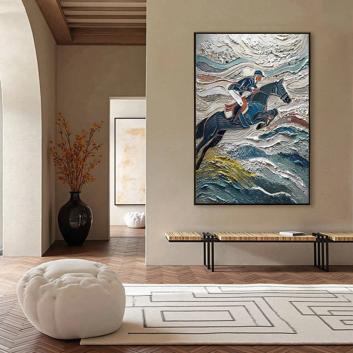 VICTORY'S EDGE: Heavily Textured Impasto Equestrian Sports Painting | black frame version on white wall