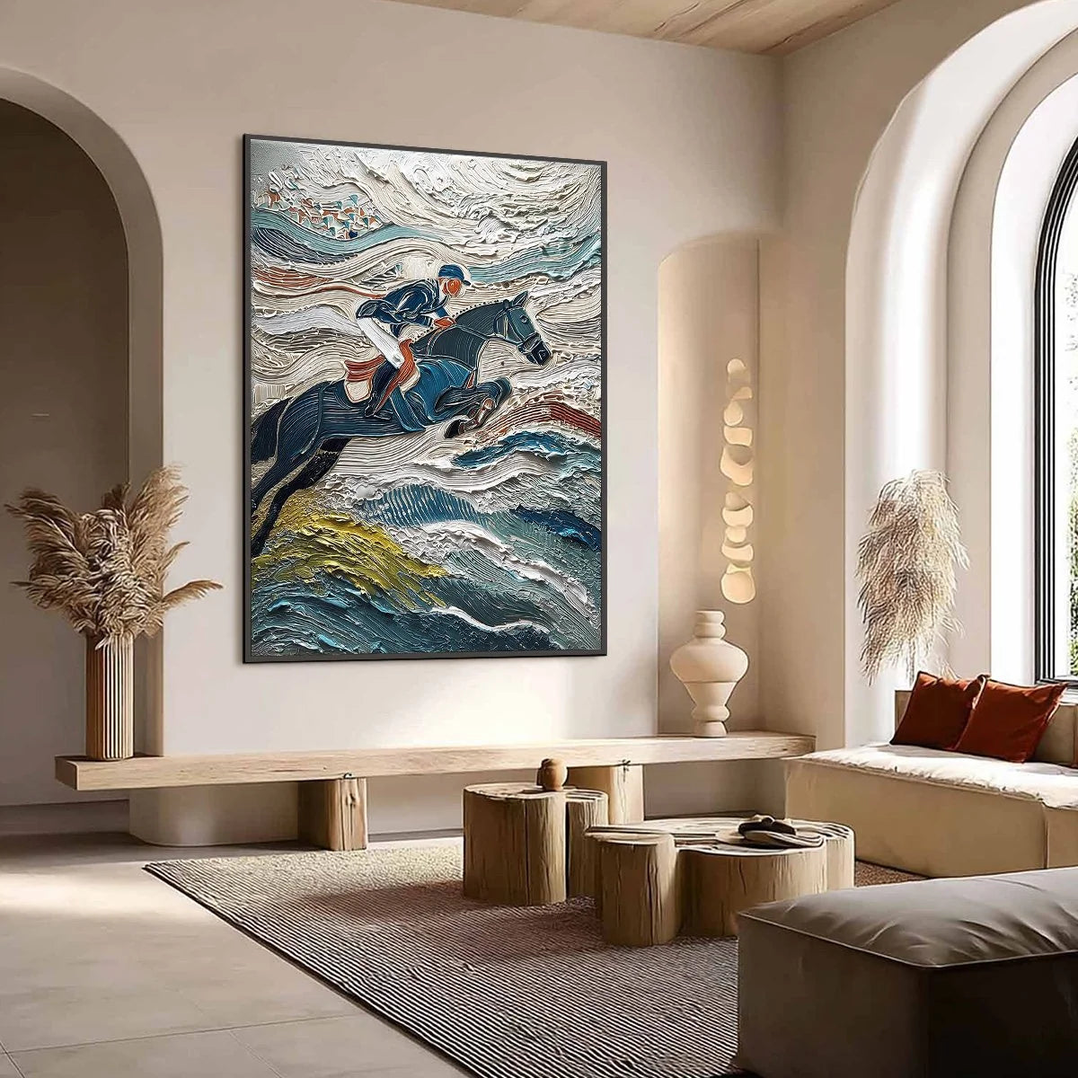 VICTORY'S EDGE: Heavily Textured Impasto Equestrian Sports Painting | Abstract mood, soft natural light studio shot