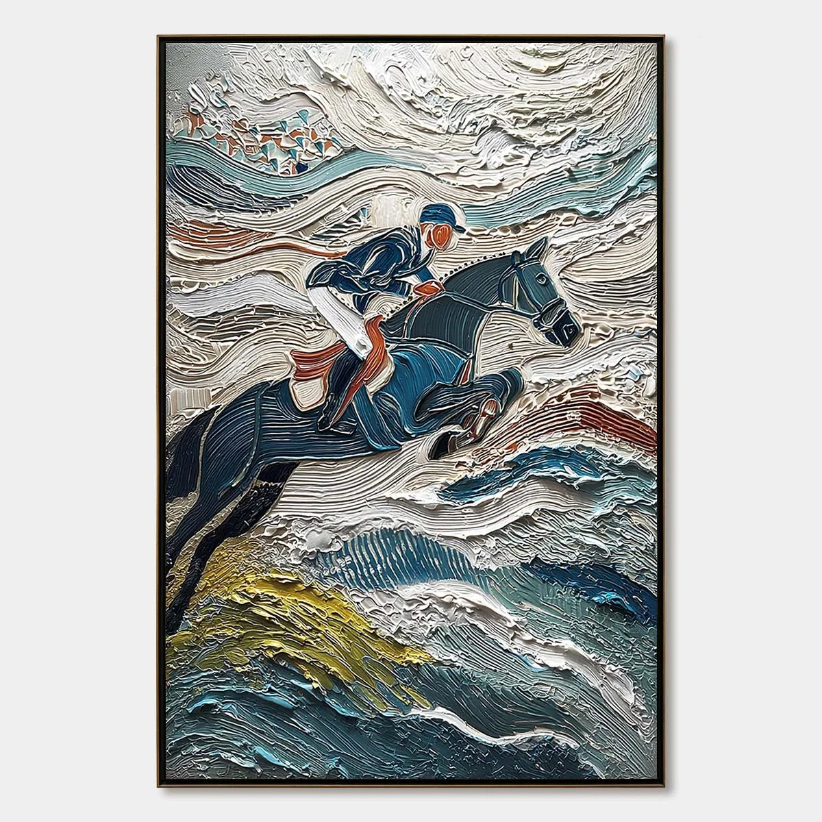 VICTORY'S EDGE: Heavily Textured Impasto Equestrian Sports Painting | hanging in living room, Abstract wall art