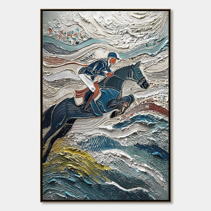 VICTORY'S EDGE: Heavily Textured Impasto Equestrian Sports Painting | hanging in living room, Abstract wall art