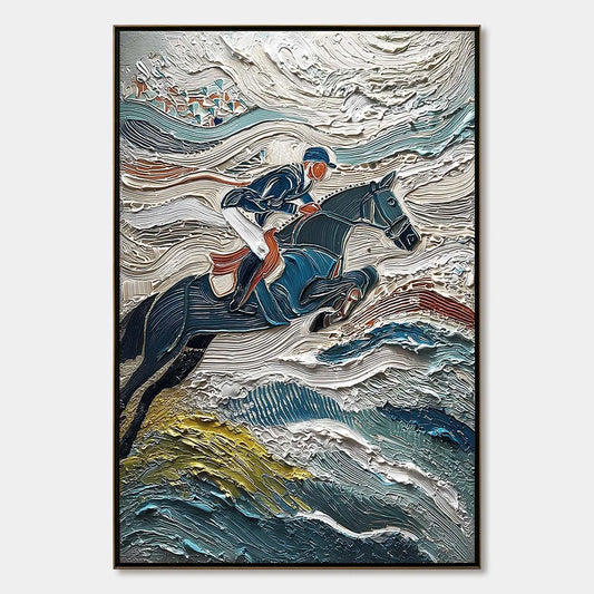 VICTORY'S EDGE: Heavily Textured Impasto Equestrian Sports Painting | hanging in living room, Abstract wall art