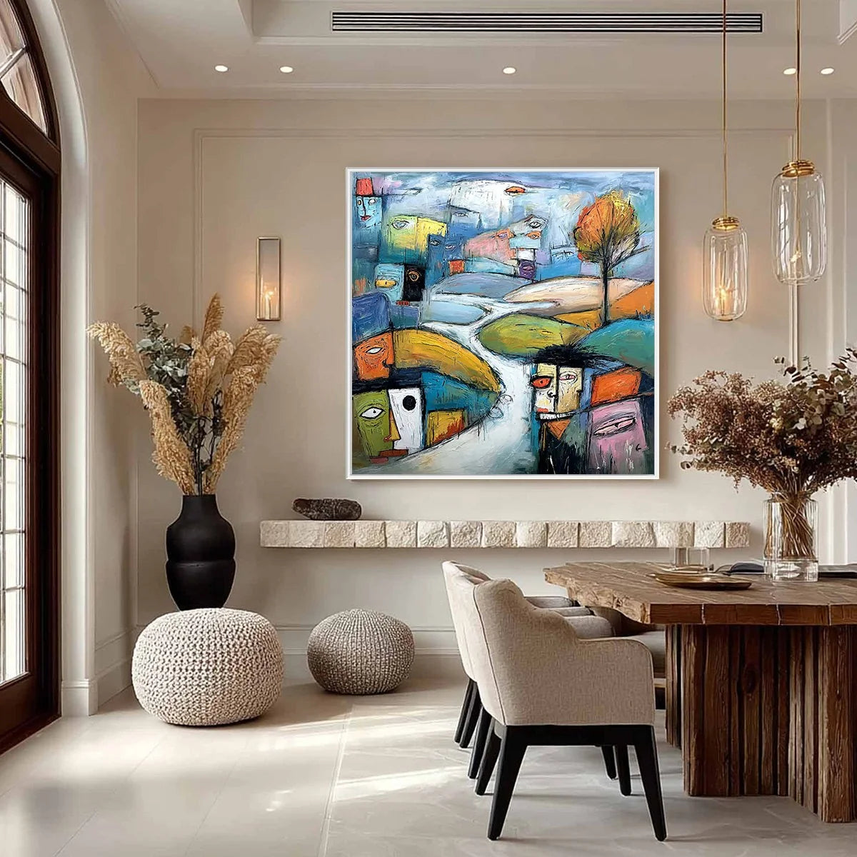 VILLAGE OF EYES: Colorful Abstract Figurative Cityscape Painting | Figurative closeup, raised brushwork detail