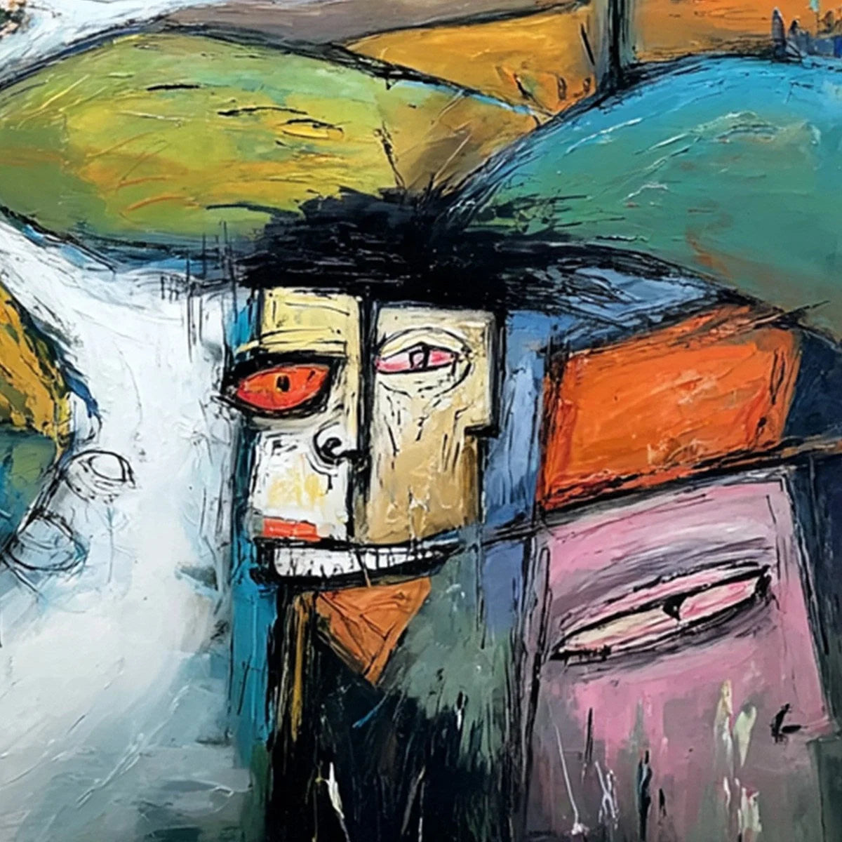 VILLAGE OF EYES: Colorful Abstract Figurative Cityscape Painting | rectangular format, hand-painted canvas edge