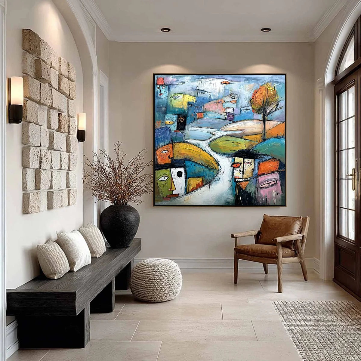 VILLAGE OF EYES: Colorful Abstract Figurative Cityscape Painting | gold frame stretched on neutral wall