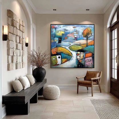 VILLAGE OF EYES: Colorful Abstract Figurative Cityscape Painting | gold frame stretched on neutral wall