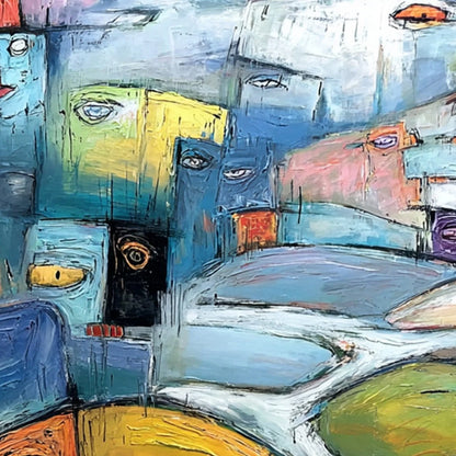 VILLAGE OF EYES: Colorful Abstract Figurative Cityscape Painting | rolled canvas, ready for custom framing