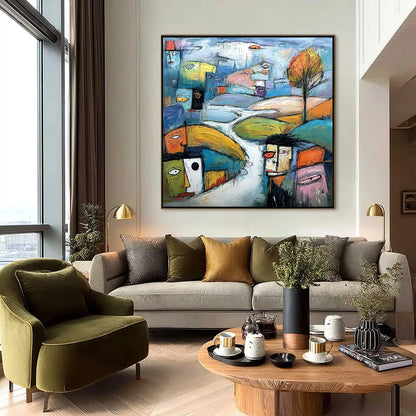 VILLAGE OF EYES: Colorful Abstract Figurative Cityscape Painting | black frame version on white wall