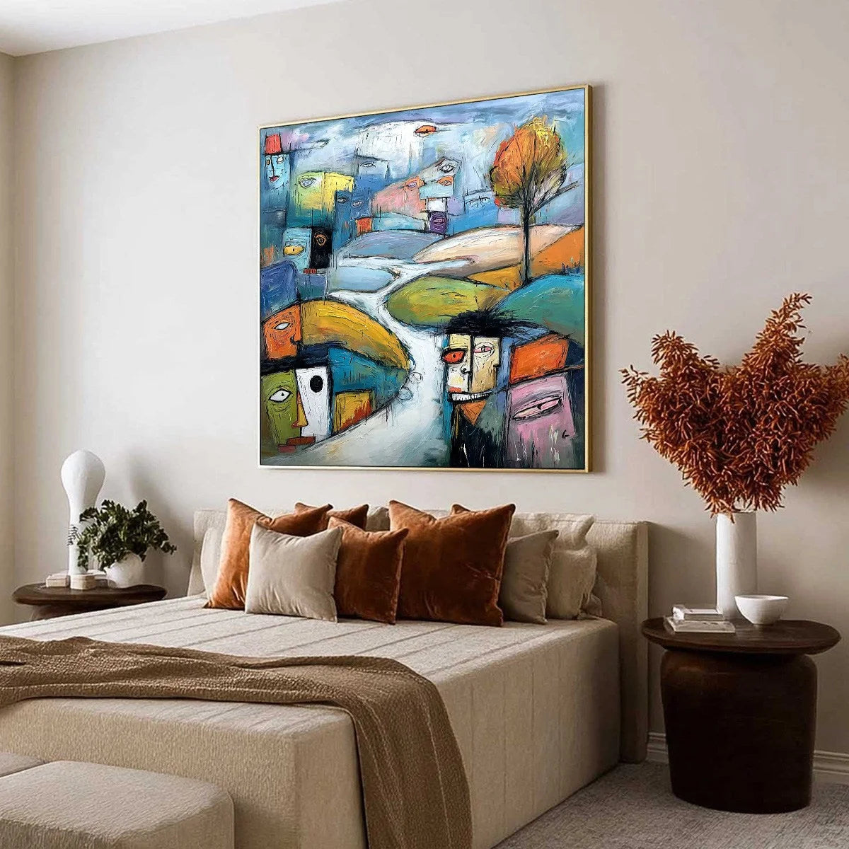 VILLAGE OF EYES: Colorful Abstract Figurative Cityscape Painting | Figurative mood, soft natural light studio shot