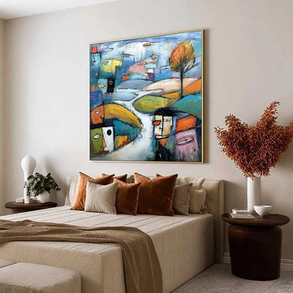 VILLAGE OF EYES: Colorful Abstract Figurative Cityscape Painting | Figurative mood, soft natural light studio shot