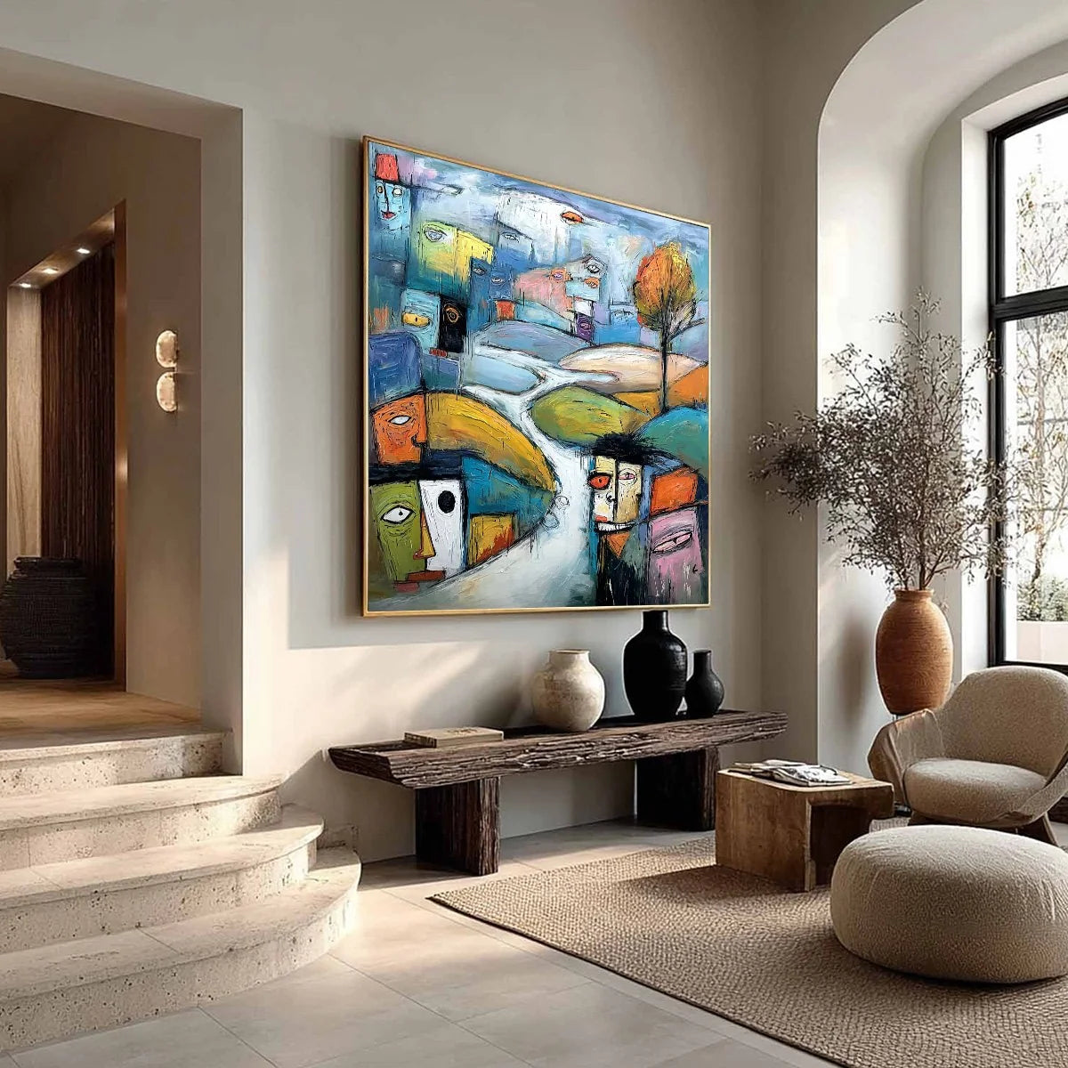 VILLAGE OF EYES: Colorful Abstract Figurative Cityscape Painting | multi-color palette, original oil on stretched canvas art