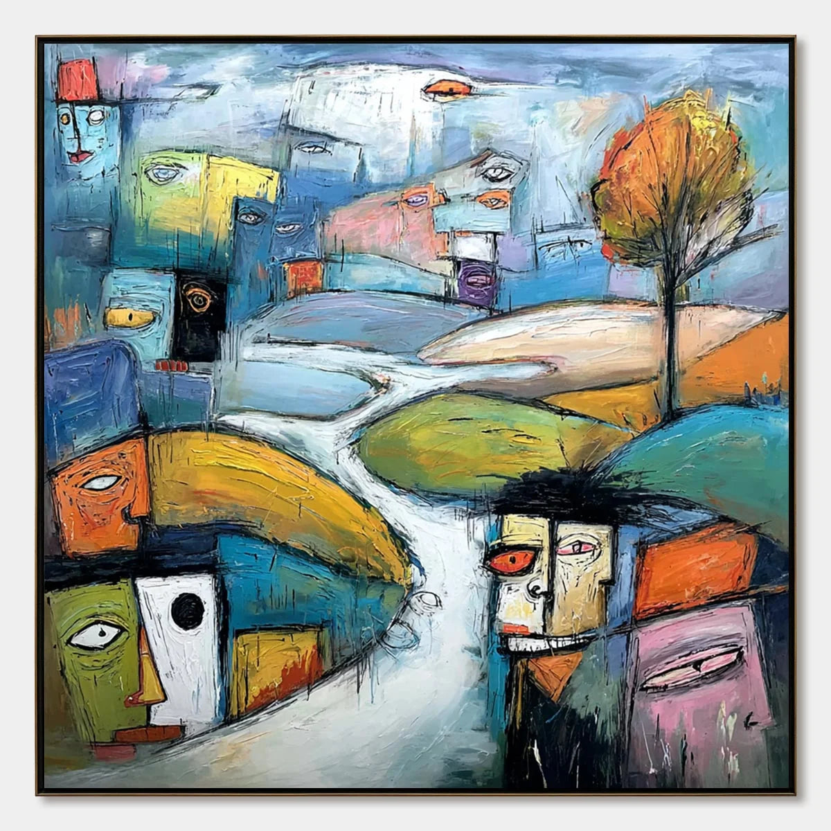 VILLAGE OF EYES: Colorful Abstract Figurative Cityscape Painting | hanging in living room, Figurative wall art