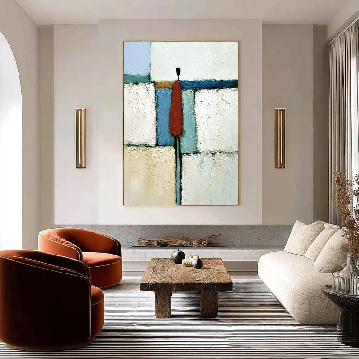 THE VISITOR: Textured Abstract Figurative Painting for Modern Decor | gold frame stretched on neutral wall