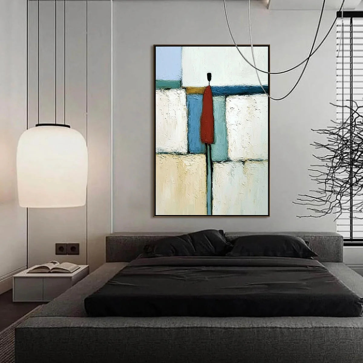 THE VISITOR: Textured Abstract Figurative Painting for Modern Decor | black frame version on white wall