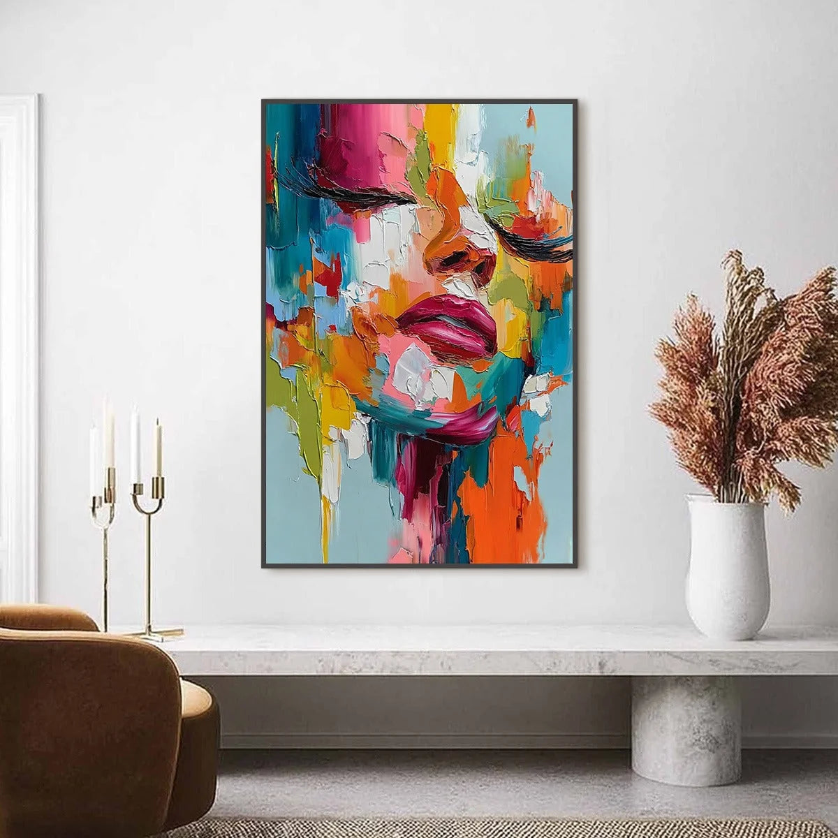 VIVID DREAM: Colorful Abstract Impasto Portrait Painting | gold frame stretched on neutral wall