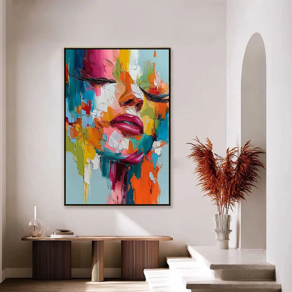 VIVID DREAM: Colorful Abstract Impasto Portrait Painting | black frame version on white wall