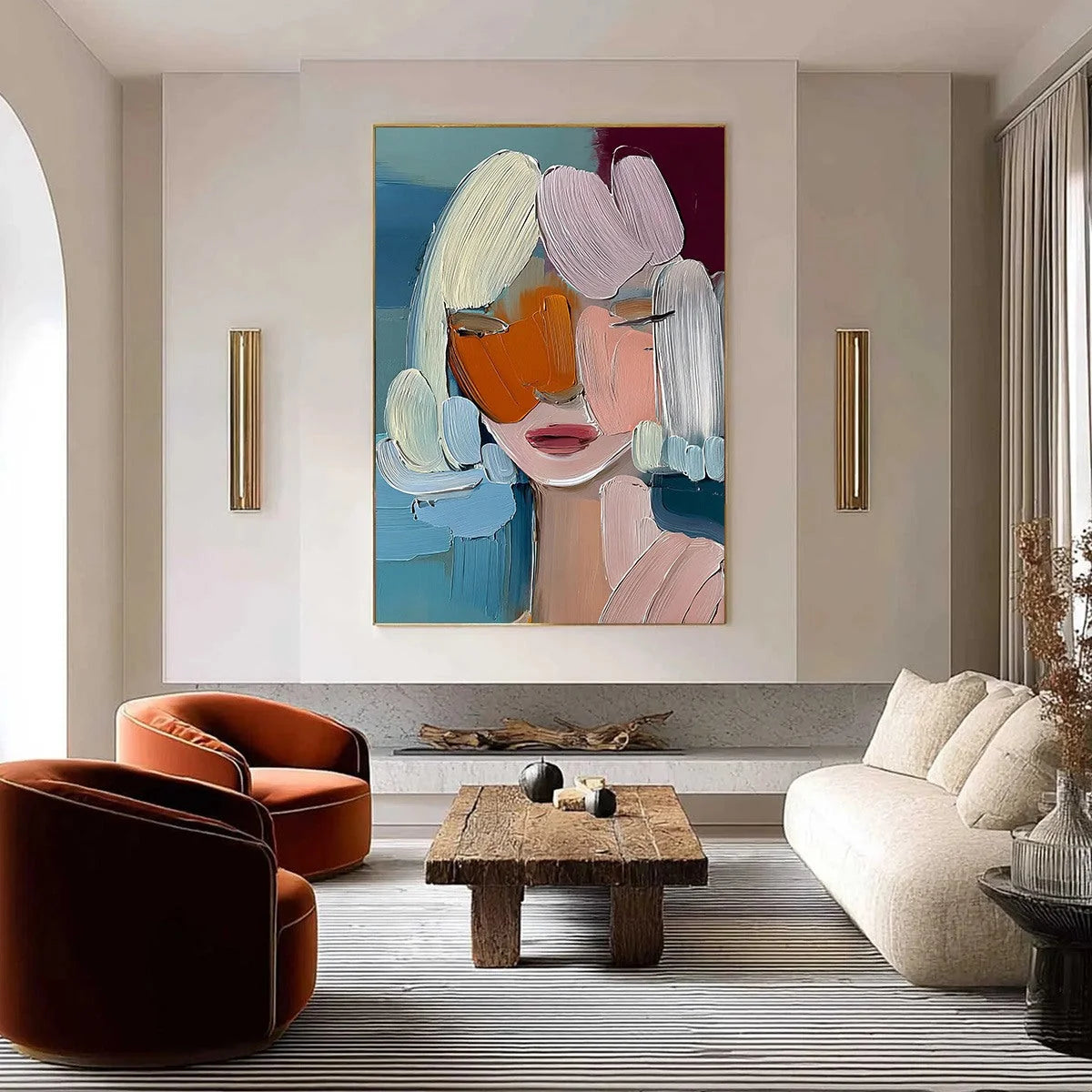 VIVID MUSE: Textured Abstract Portrait Palette Knife Oil Painting | gold frame stretched on neutral wall