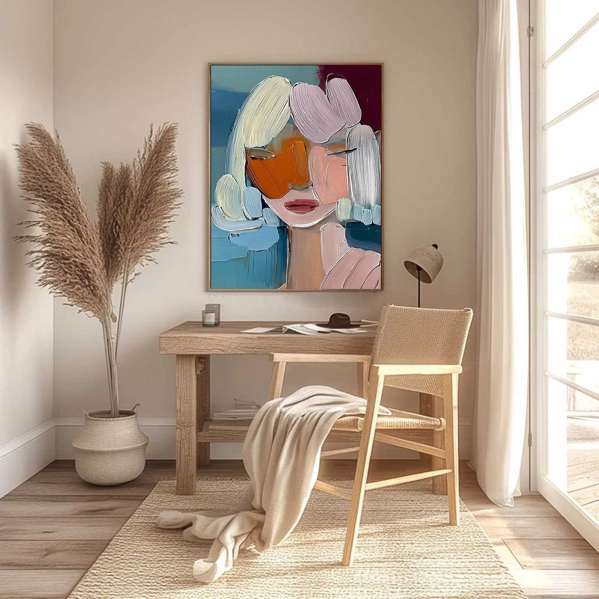 VIVID MUSE: Textured Abstract Portrait Palette Knife Oil Painting | black frame version on white wall