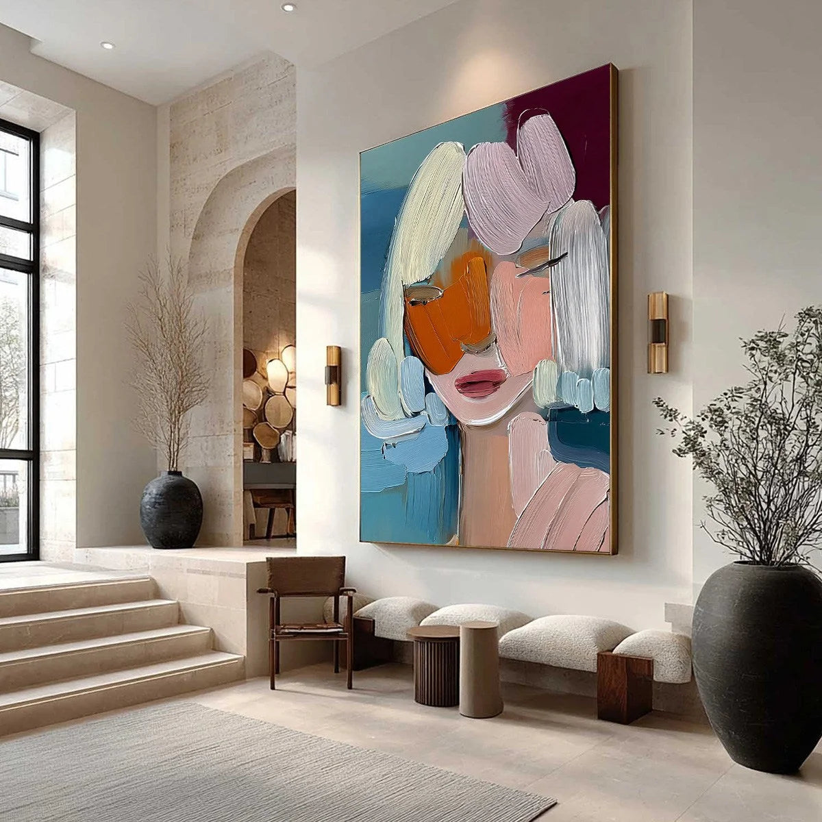 VIVID MUSE: Textured Abstract Portrait Palette Knife Oil Painting | Abstract mood, soft natural light studio shot