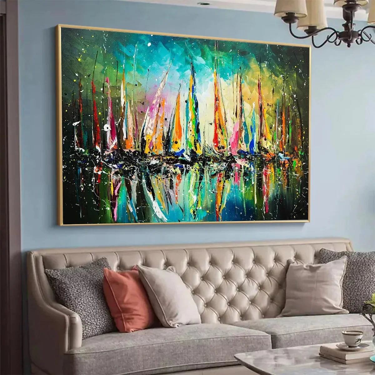 VIVID REGATTA: Panoramic Sailboat Painting | Abstract closeup, raised brushwork detail