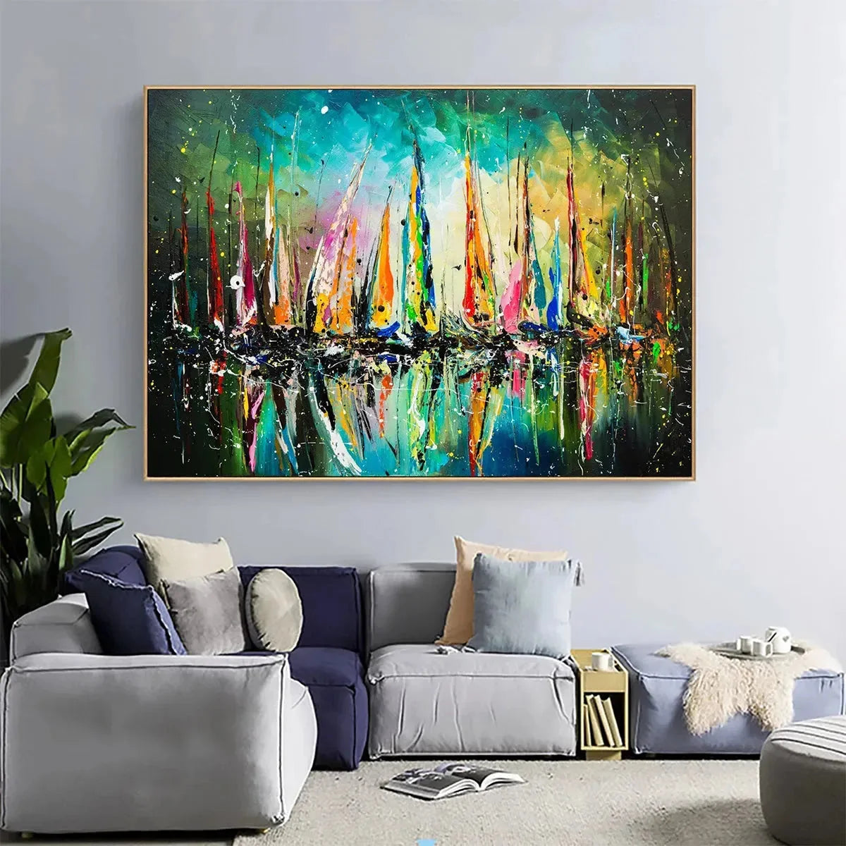 VIVID REGATTA: Panoramic Sailboat Painting | gold frame stretched on neutral wall