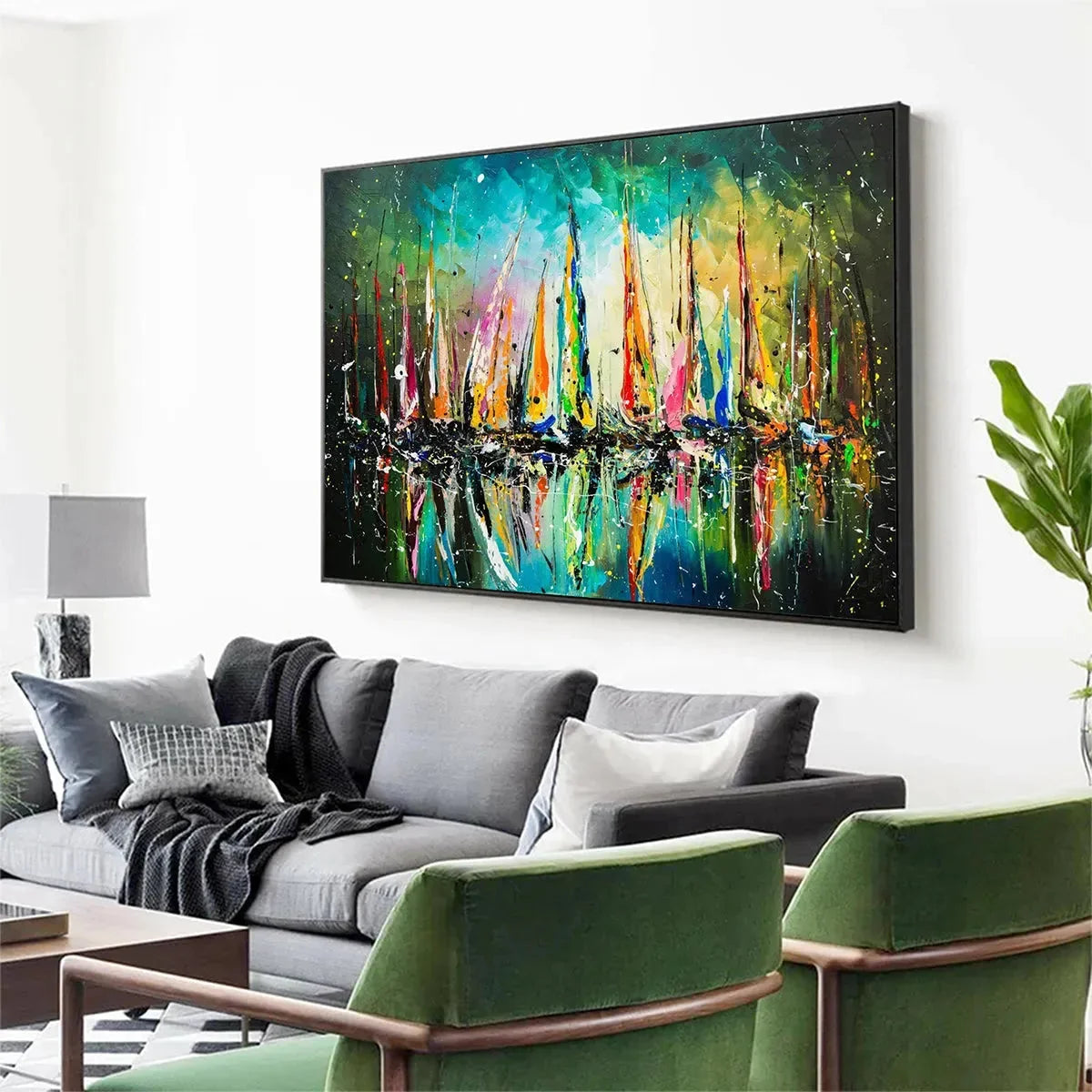 VIVID REGATTA: Panoramic Sailboat Painting | rolled canvas, ready for custom framing