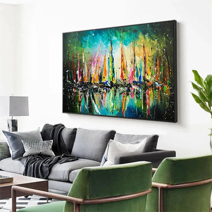 VIVID REGATTA: Panoramic Sailboat Painting | rolled canvas, ready for custom framing