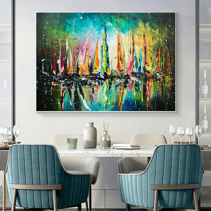VIVID REGATTA: Panoramic Sailboat Painting | black frame version on white wall