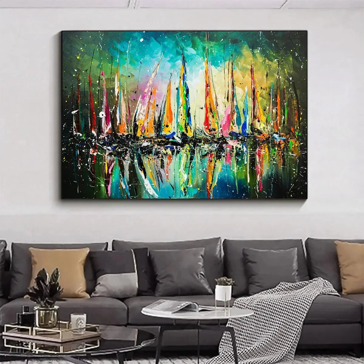 VIVID REGATTA: Panoramic Sailboat Painting | Abstract mood, soft natural light studio shot