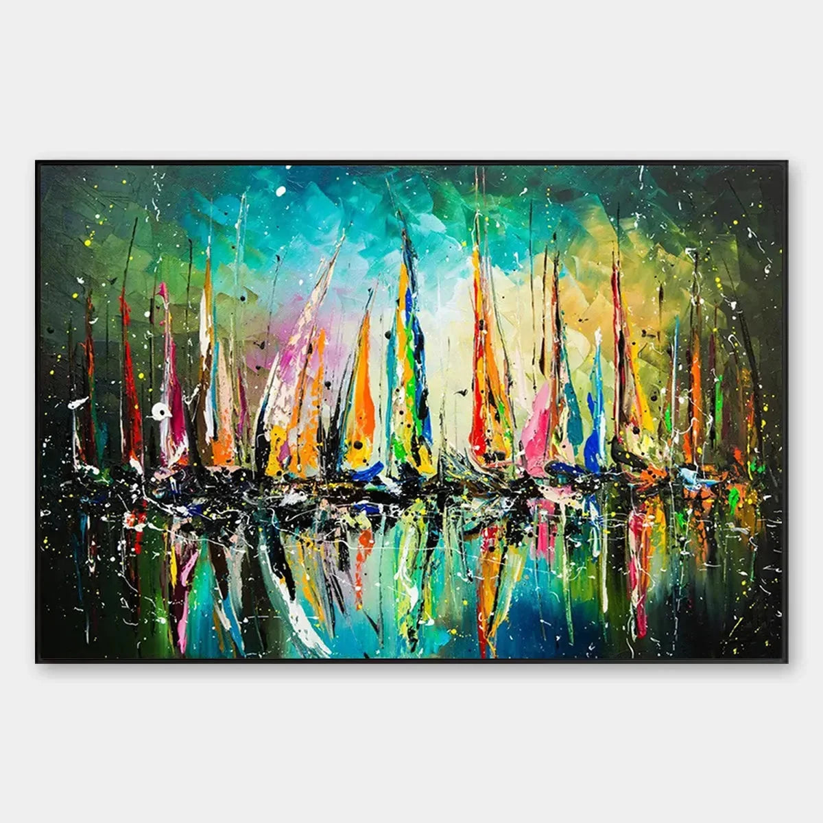 VIVID REGATTA: Panoramic Sailboat Painting | hanging in living room, Abstract wall art